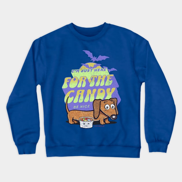 Funny cute spooky creepy Halloween Doxie Dachshund getting candy from trick or treaters and being nice Crewneck Sweatshirt by Danny Gordon Art